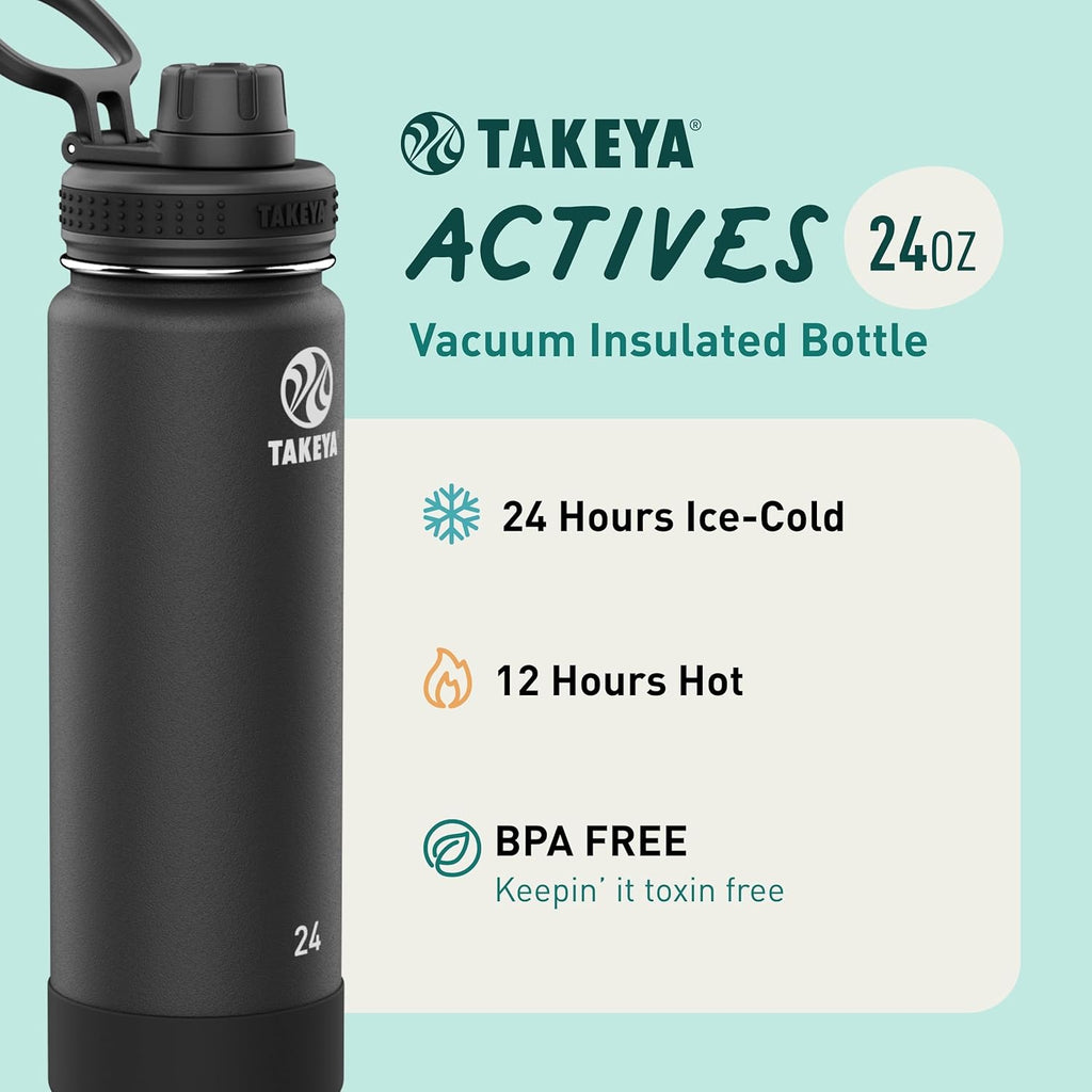 Takeya Actives Stainless Steel Water Bottle - Insulated, Leakproof, 18 oz | Keeps Drinks Cold for 24 Hrs, Ideal for Gym & Travel
