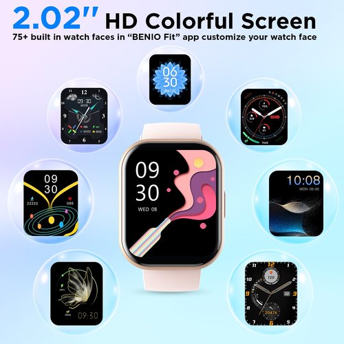 BENIO Smart Watch (Answer/Make Call), Voice Calls, 2.02" Fitness Tracker with 24/7 Heart Rate, SpO2, Sleep Tracker, 100 Sports Modes Activity Trackers, IP67 Waterproof Step Calorie Counter (Rose Gold)