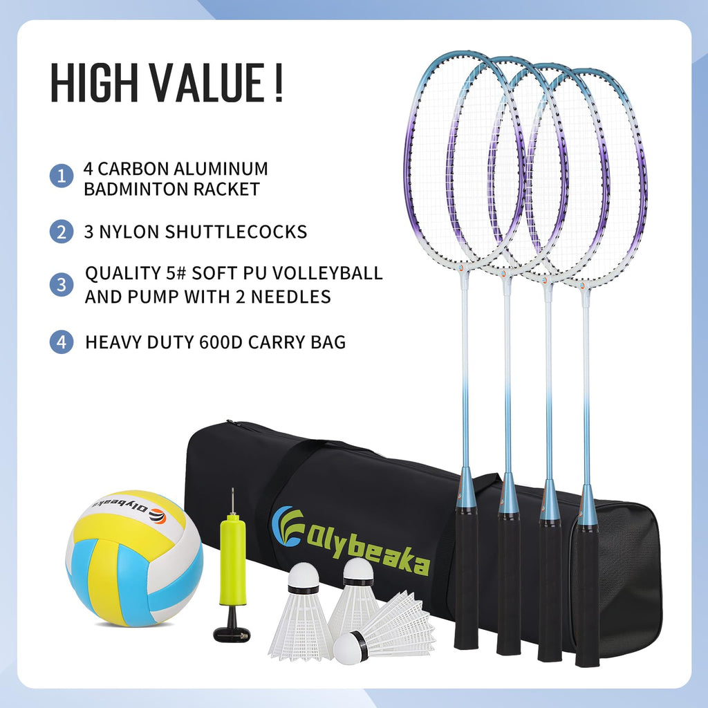 Olybeaka Outdoor Volleyball & Badminton Combo Net Set for Backyard, Beach with 2 Nets, Adjustable Poles, 4 Aluminum Rackets, PU Volleyball, Portable Carry Bag (Black)