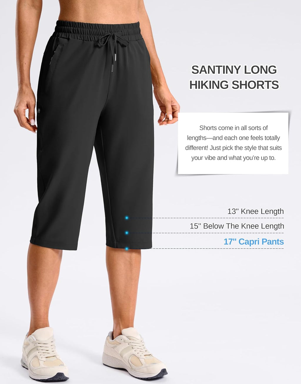 SANTINY Women's Long Hiking Shorts - Lightweight Quick-Dry Capris with Zipper Pockets | 13''/15''/17'' Sizes