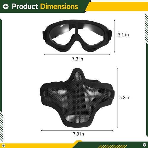 Strategical Protective Gear Set, Carbon Steel Half-face Mesh Cover with Sports Goggle for Men Women, Adjustable Strategical Gear for Shooting, Paintball, CS Games, Costume Parties
