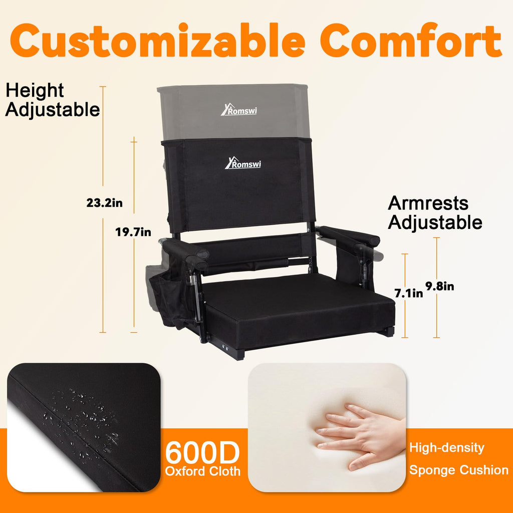 Romswi 2-Pack Stadium Seat with Height Adjustable High Back & Lumbar Support, 3" Thick Bleacher Chairs with 2 Height Adjustments, Armrests & Cup Holders, Comfortable & Portable, Black