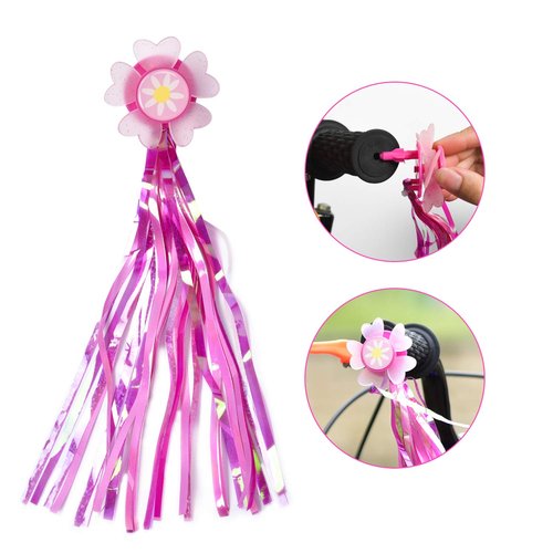 Kids Bicycle Horn and Handlebar Streamers Set - 1 Bike Horn + 2 Pink Handle Streamers Kit for Children Bike Accessories