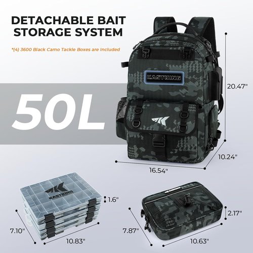 KastKing BaitSpace 50L Fishing Tackle Backpack - Removable Bait Binder & 2 Rod Holders
