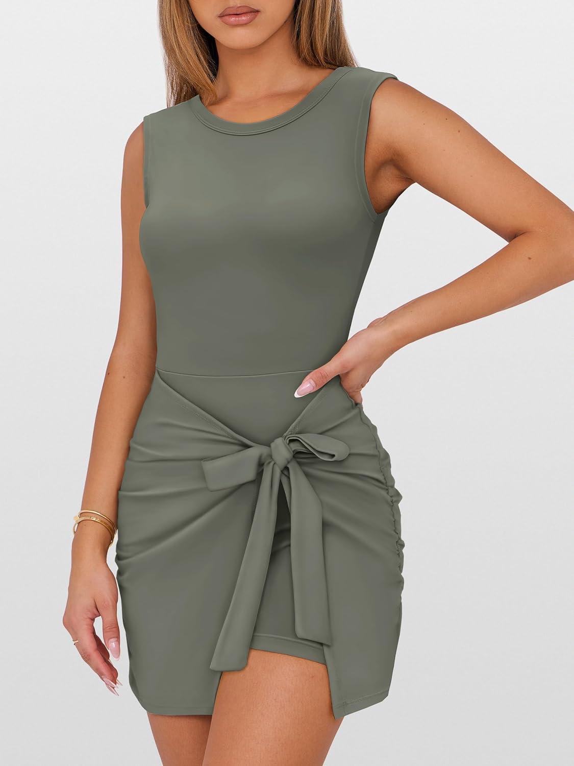 ANRABESS Women's Summer Sleeveless Bodycon Romper - Tie Waist Mini Dress with Built-In Shorts