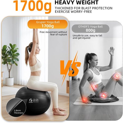 Gruper Yoga Ball - Extra Thick Non-Slip Exercise Ball for Stability & Balance | 4 Sizes with Pump & Guide