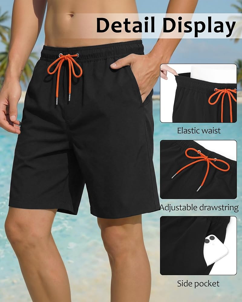 Justay 2 in 1 Men's Swim Trunks 7 Inch with Pockets Dark Black + Medium