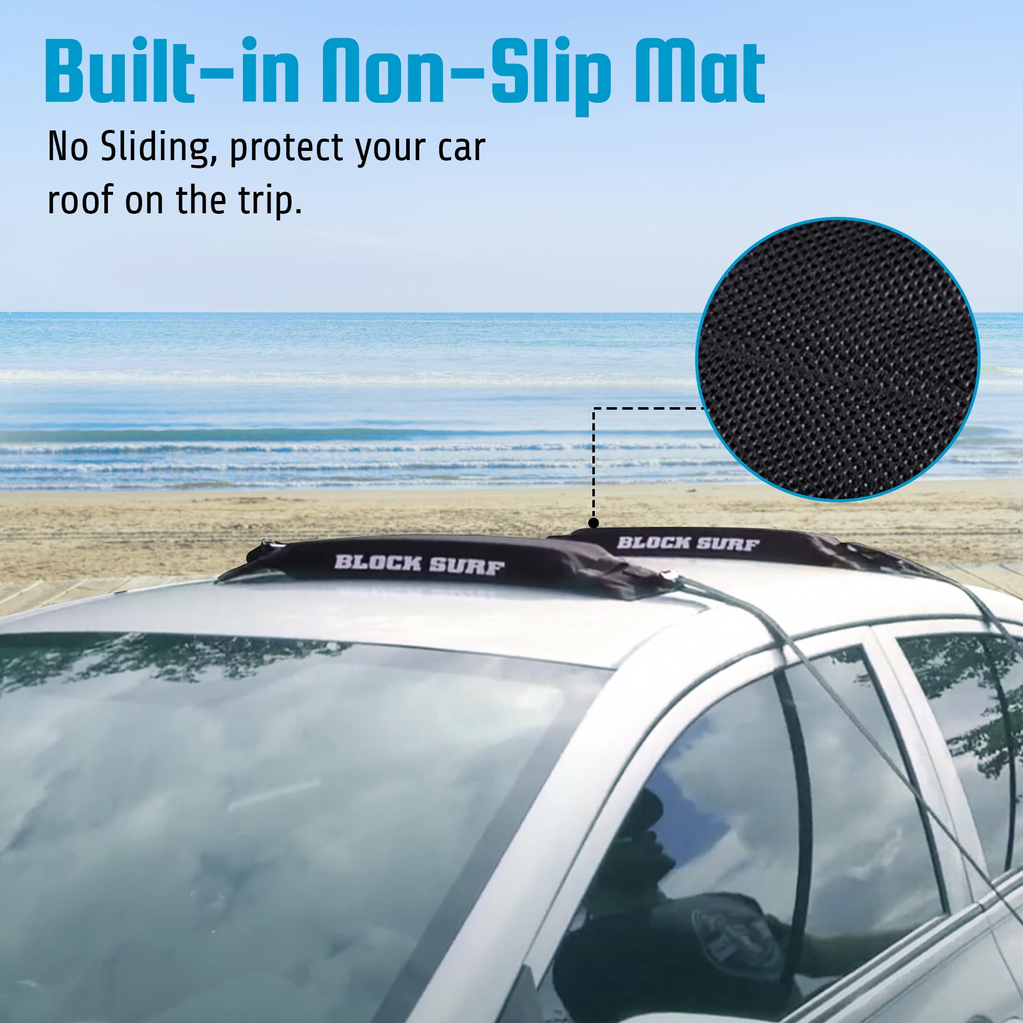 BLOCKSURF Surfboard Roof Rack for Car | Universal Soft Roof Rack for Cars & SUVs | Holds 2-3 Surfboards | Heavy-Duty Straps & Buckles for Highway Speeds | Easy Install & Removal