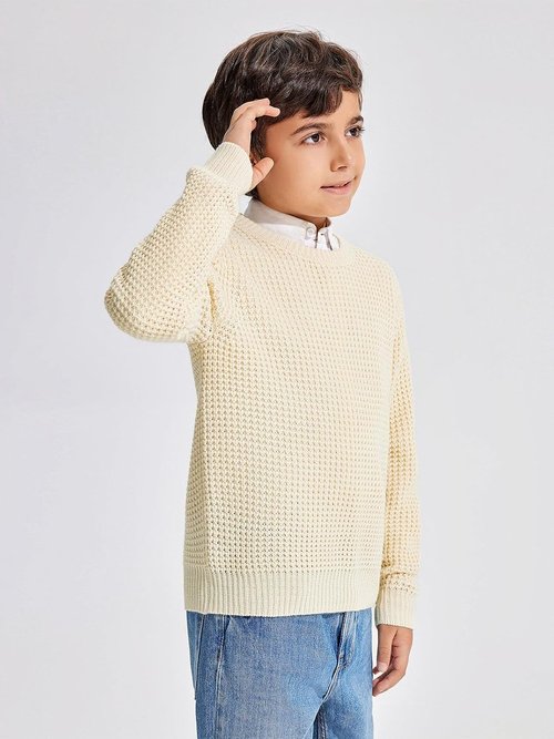 Haloumoning Boys Pullover Sweater - Chunky Crewneck Waffle Knit Jumper for Ages 4-14