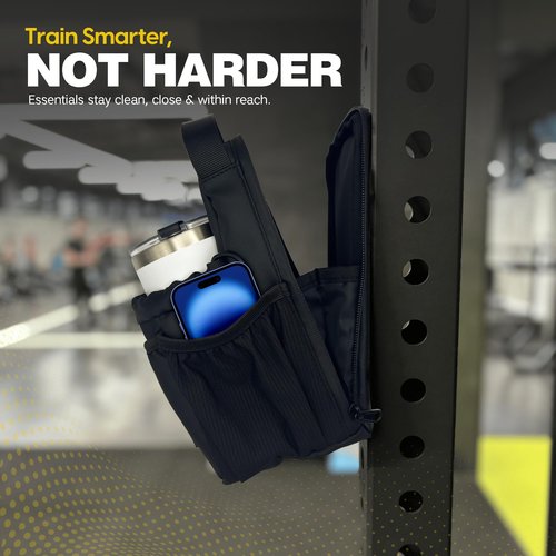 PEAK CRAFT Magnetic Gym Bag & Bottle Holder with Magnet or Phone Clip, Towel & Storage – Strong Magnet Organizer for Gym Racks, Fitness Equipment, Workouts, and Multi-Compartment Accessory Holder