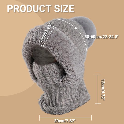 Women’s Knitted Beanie Hat with Face Cover - 3 in 1 Winter Balaclava with Mask Scarf Ear Muffs Pompom Fleece Lined Snow Caps