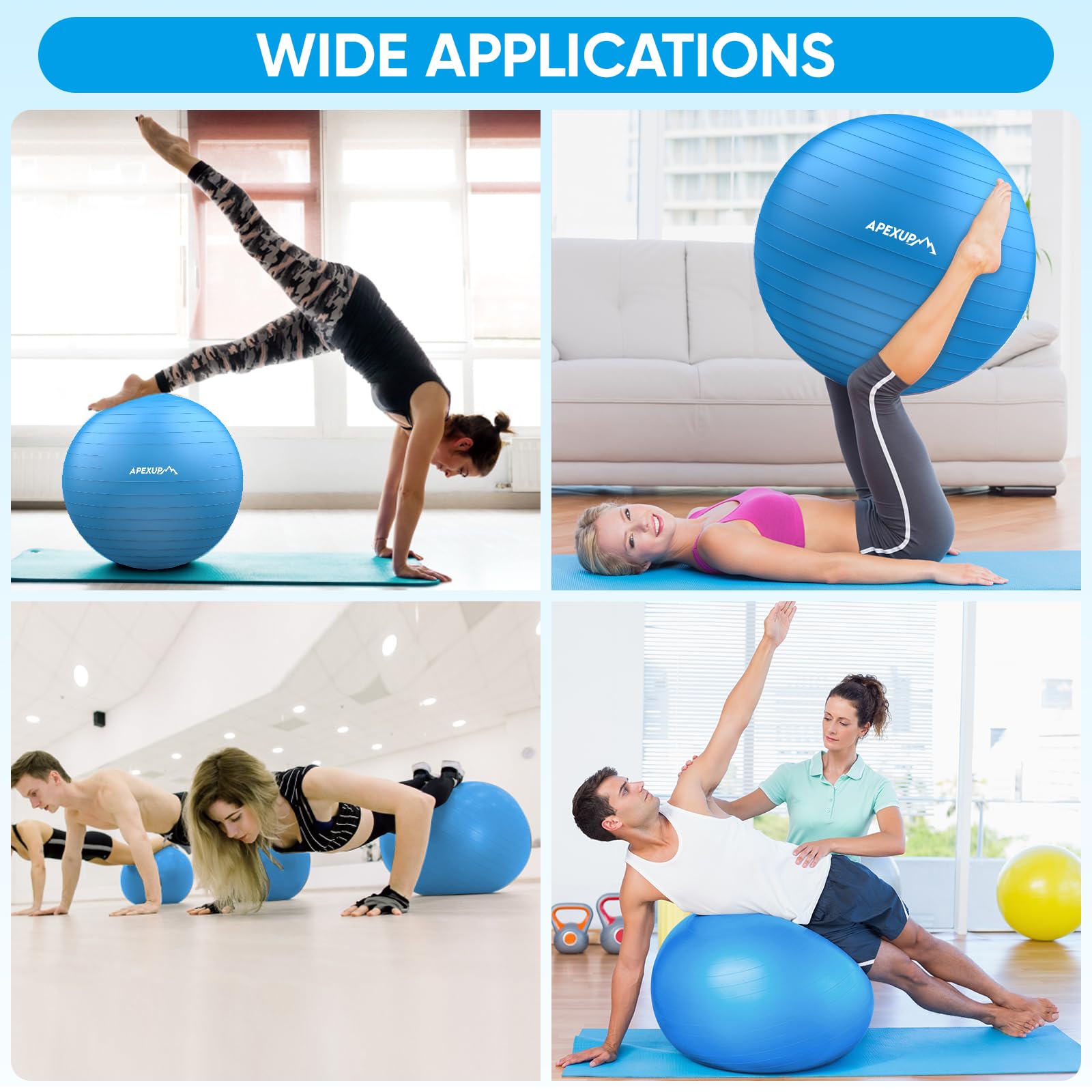 APEXUP Yoga Ball, 660 lbs Anti-Burst Exercise Ball with Pump, 5 Sizes (S (15"~18") 45cm, Blue)