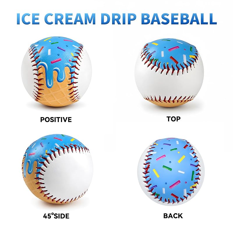 9 Inch Ice Cream Drip Tee Ball - Cute Pink Baseball Hitting Ball for Training & Gifts (Variation: Blue)