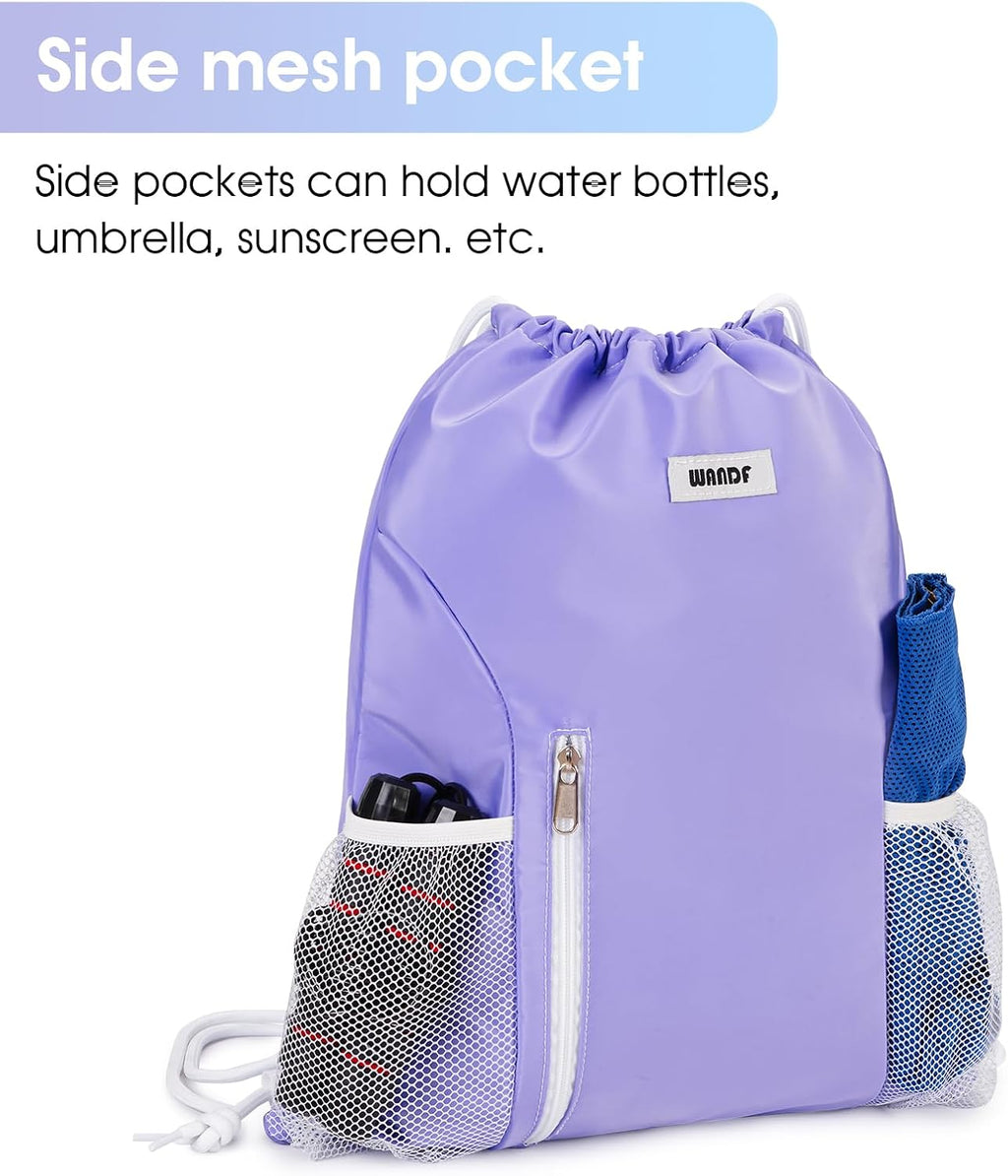 WANDF Drawstring Backpack Sports Gym Sackpack with Mesh Pockets Water Resistant String Bag for Women Men (Purple)
