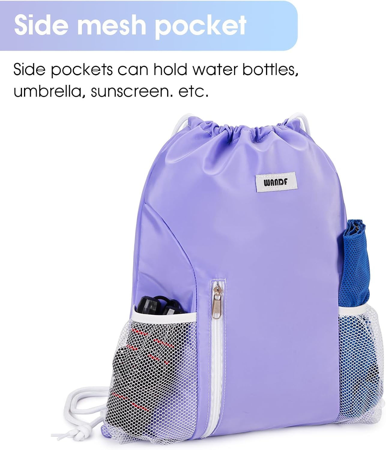 WANDF Drawstring Backpack Sports Gym Sackpack with Mesh Pockets Water Resistant String Bag for Women Men (Purple)