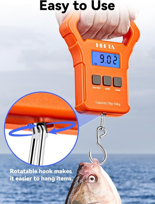 HEETA Digital Fishing Scale - 110lb Capacity, Backlit LCD Display, Non-Slip Handle & Batteries Included