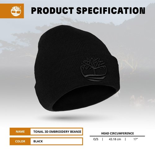 Timberland Men’s Tonal 3D Embroidery Beanie – Soft Knit Winter Hat, Raised Logo, Warm Stretch Fit for Cold Weather Wear, Black, One Size