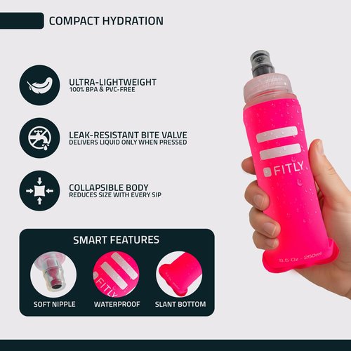 FITLY Soft Flask - 8.5 oz (250 ml) - Shrink As You Drink Pocket Soft Water Bottle for Hydration Pack/Running Vest - Folding Water Bottle for Running, Hiking, Cycling - Ski Water Bottles - Pink