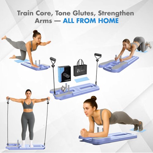 PILATEX Pilates Board – Foldable Pilates Reformer with Resistance Bands, Bar & Travel Bag – Full-Body Strength & Ab Training Equipment for Women & Men, 15 in 1 (Purple, Starter)