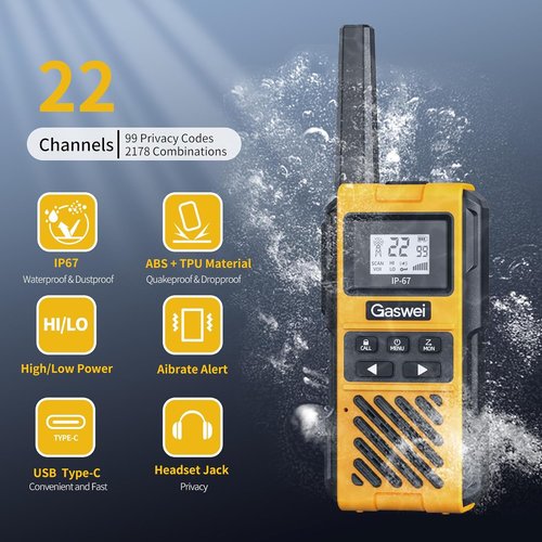 G1Pro Walkie Talkies - IP67 Waterproof Heavy Duty Two-Way Radios | Rechargeable 2W, 22 Channels (2-Pack)