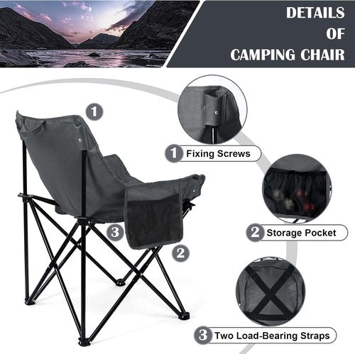 Leonyo Outdoor Folding Camping Chairs - Heavy Duty Portable Design with Cup Holder & Storage Pocket | 2 Pack, Grey