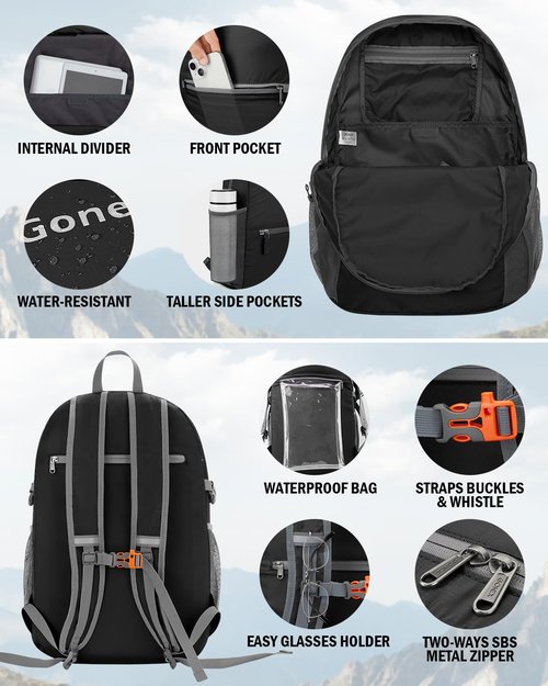 Gonex Ultra Lightweight Packable Daypack Handy Foldable Camping Outdoor Travel Cycling Backpack(Black)
