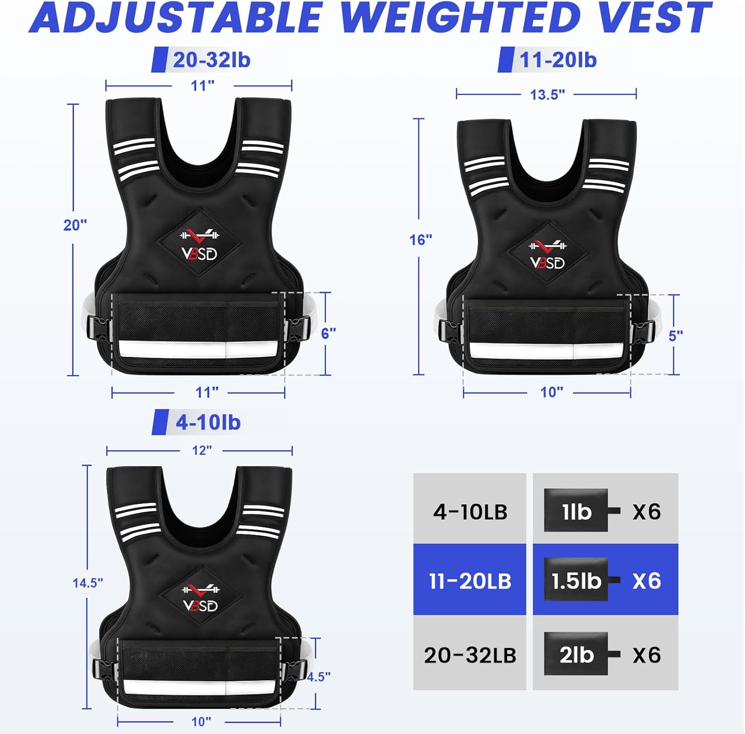 VBSD Adjustable Weighted Vest - 4-32lb Options with Reflective Strip for Running & Strength Training