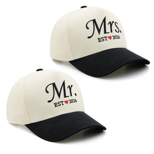 Waldeal Mr and Mrs EST 2026 Couple Hats Set, Matching His and Hers Embroidered Baseball Caps for Wedding, for Couples, Bride and Groom Beige/Black