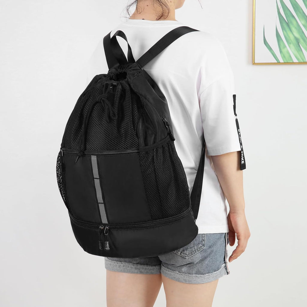 Valleycomfy Gym Bag - Drawstring Sports Backpack with Shoe Compartment & Reflective Strips | Black