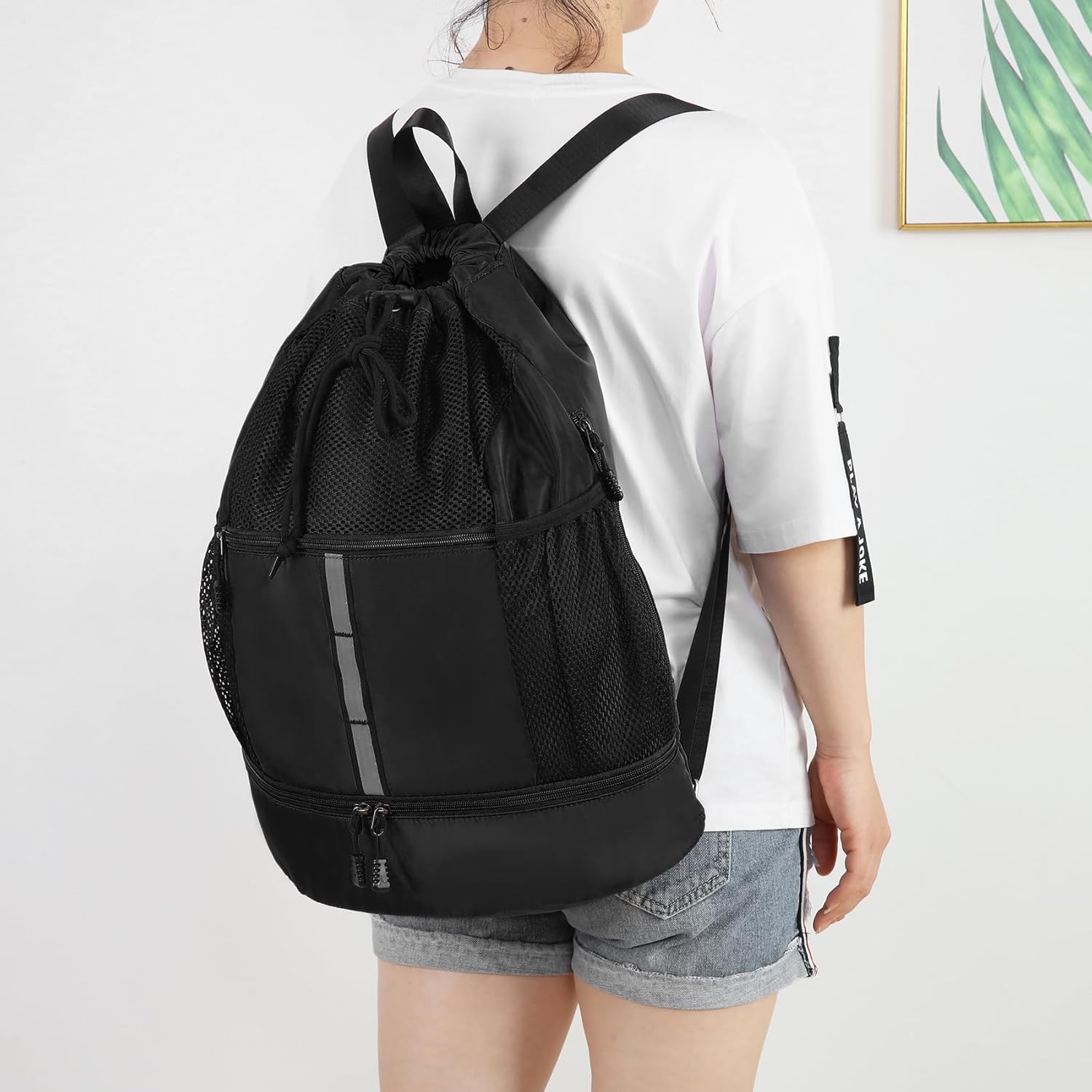 Valleycomfy Gym Bag - Drawstring Sports Backpack with Shoe Compartment & Reflective Strips | Black