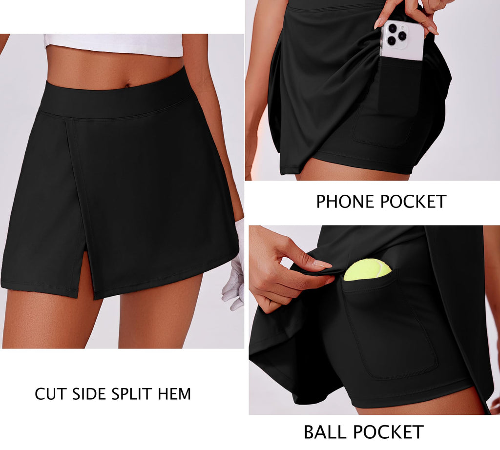 PINSPARK Tennis Skorts for Woman High Waisted Golf Skirt with Pockets Stretchy Athletic Skirts Quick Dry Summer Sports Skort Black Small