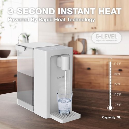 AIRHOP Instant Hot Water Dispenser - Quick Heating with Child Locks | 5 Temperature Settings, 100OZ Removable Tank, White