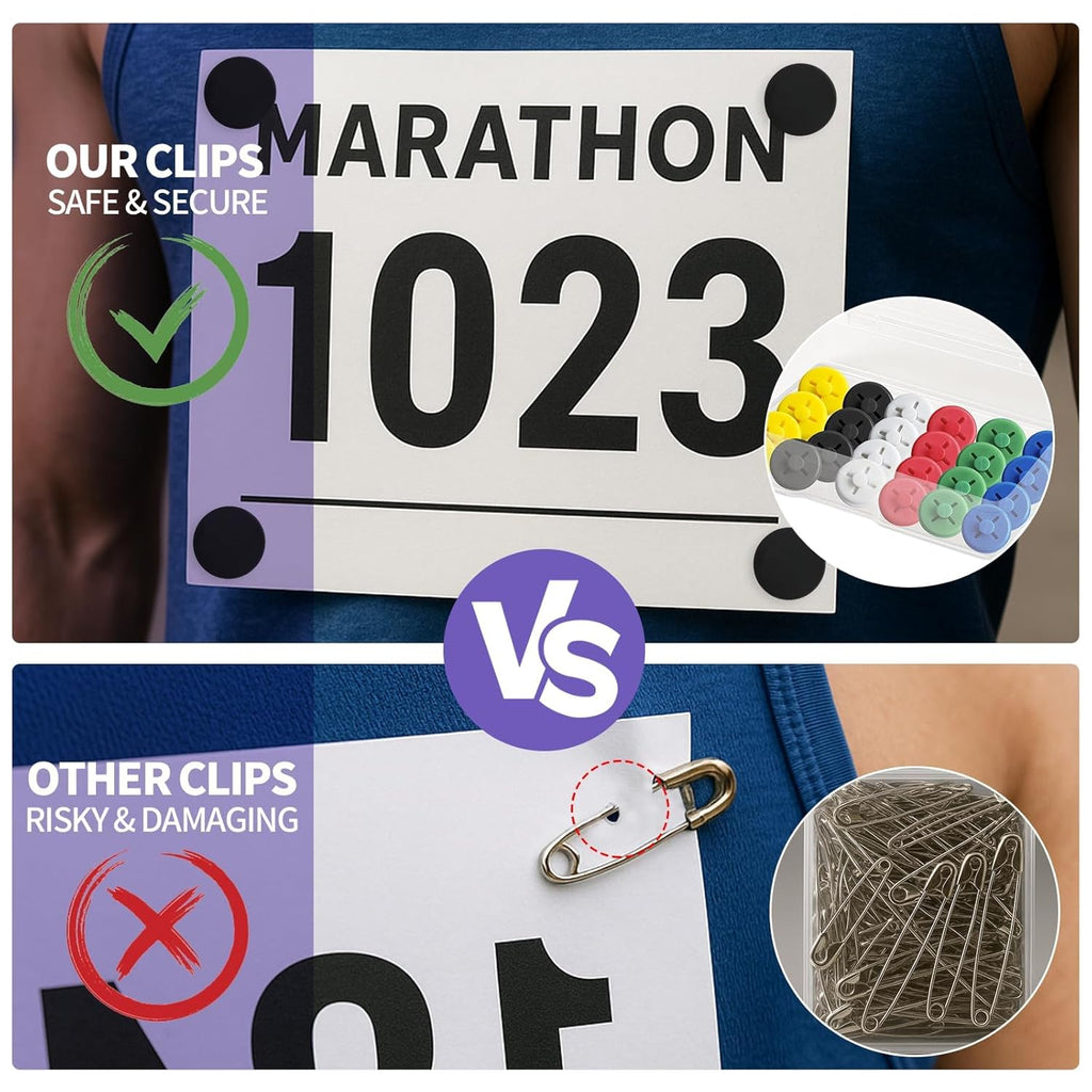 Skiennix 24PCS Running Bib Clips - No-Pin Bib Holder for Runners | Ideal for Marathons, Cycling & More