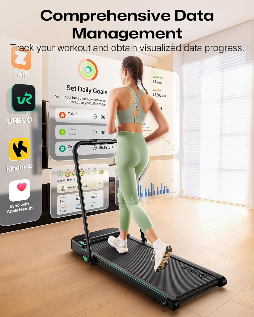 UREVO Smart 2-in-1 Folding Treadmill - Compact Walking Pad with Safety Handle & Dual LED Display