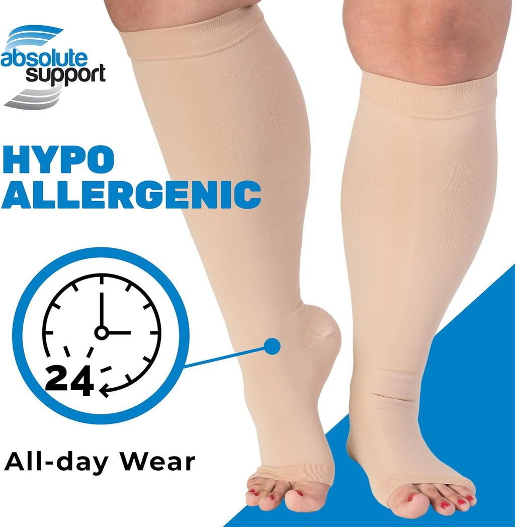 Skiennix Open Toe Compression Socks - Plus Size 15-20mmHg Wide Calf Support - 3 Pairs