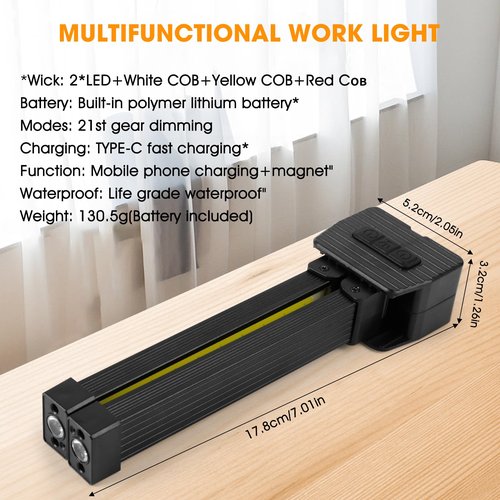 Gym Lamp for Posing, 180 Degree Folding Magnetic Work Light, 7th Gear Dimming, Portable Magnetic LED Flashlight with Hanging Hook, Handheld USB Rechargeable Power Bank Camping Light