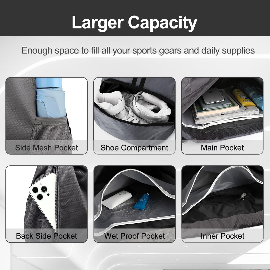 Hoedia Sports Drawstring Backpack - String Swim Gym Bag with Shoes Compartment and Wet Proof Pocket for Women/Men (Dark Grey)