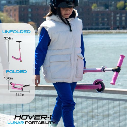 Hover-1 Lunar Kids Folding Kick Scooter with Color-Changing LED Light Up Wheels, Foot Brake, Adjustable Height Handle, and Light Weight Design