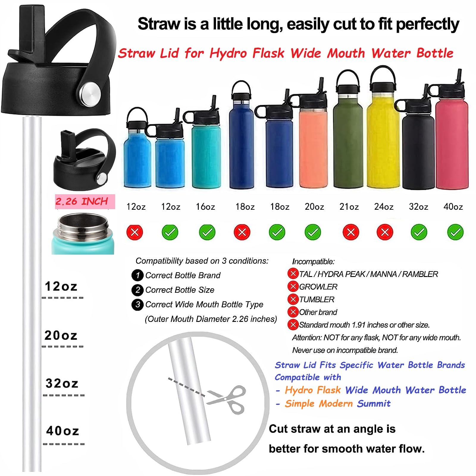 Straw Lid for Hydro Flask Wide Mouth Water Bottle 32 40 OZ - Lids with Straws Replacement Cap Fits 12, 16, 20 oz Hydro Coffee Flasks, Flip Top Flex Handle, BPA-Free Sports Accessories Cover Black