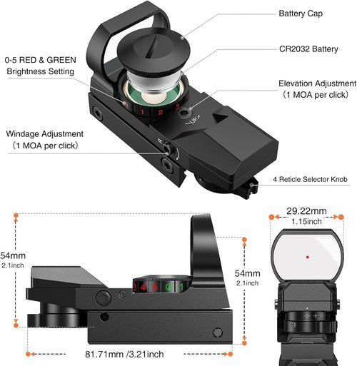 EZshoot Red Green Dot Gun Sight - Holographic Reflex Sight with 4 Adjustable Reticles & 20mm Rail Mount
