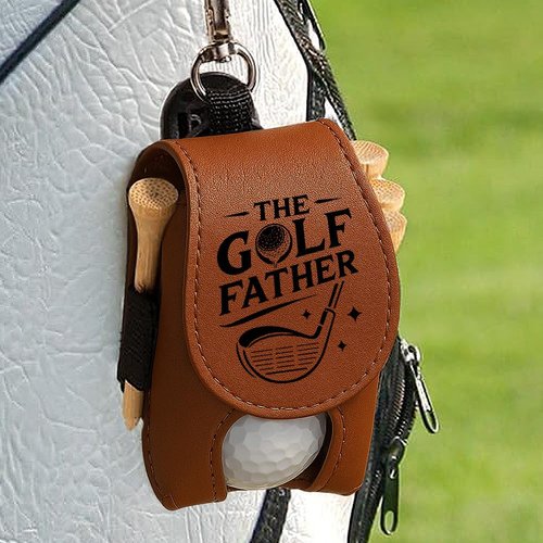 Wrappiness The Golf Father Brown Leather Golf Ball Bag - 2 Balls & 4 Tees, Magnetic Closure, Clip Attachment, Fun Gift for Golfers
