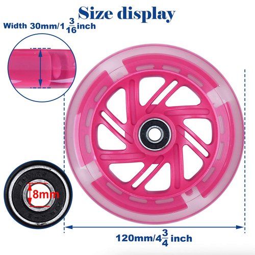 120mm x 28mm Light-up Kick Scooter Front Wheels 8mm OD Inline, LED Bearing Skateboard Silent Flash Wheel with Bearings ABEC-9 for Foldable Micro Mini 2-3-4 Wheel Kids Scooter Kickboard