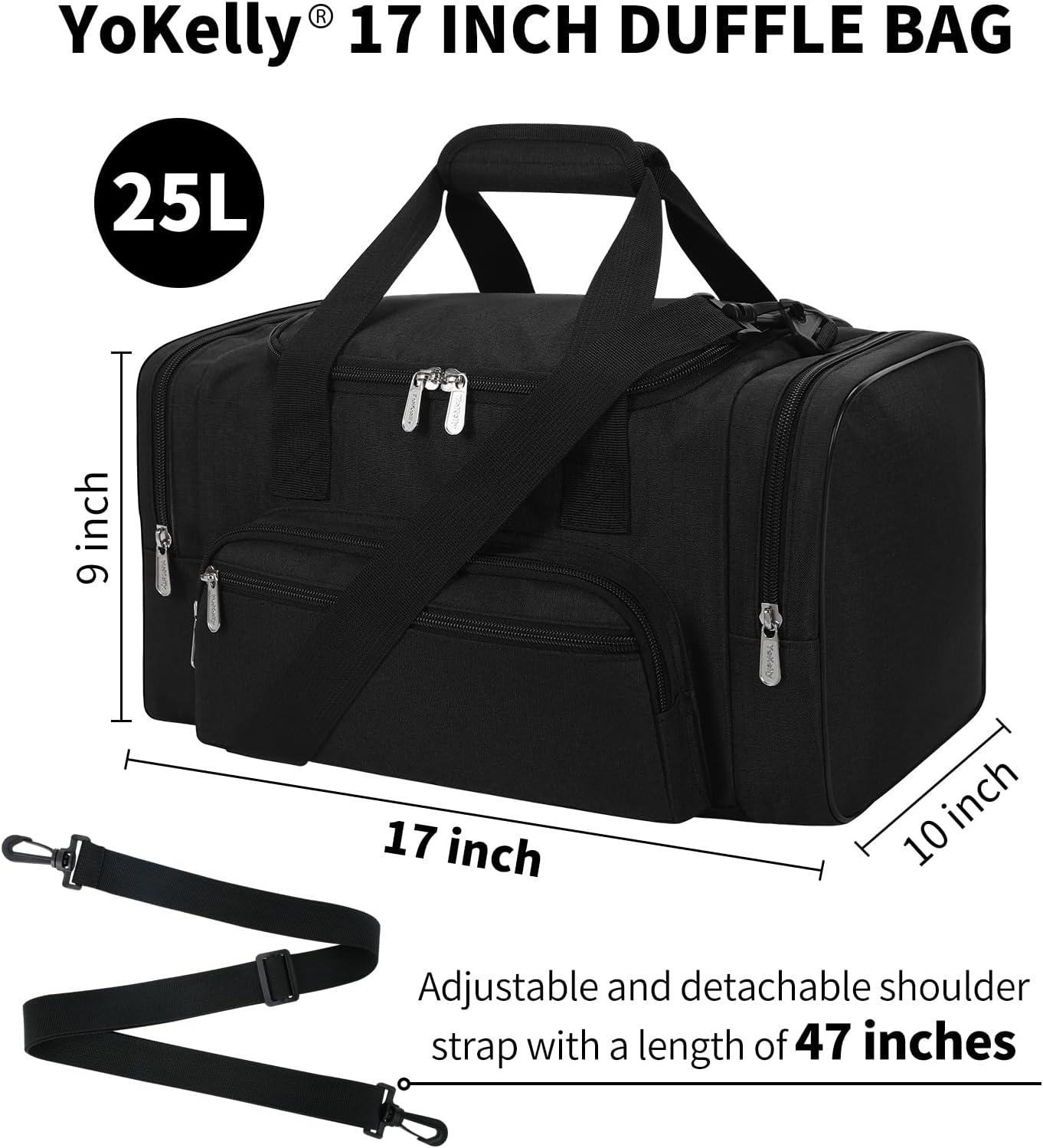 Skiennix Small Duffel Bag - 17-Inch Carry-On Weekender for Travel & Gym - Black (17x10x9 in)