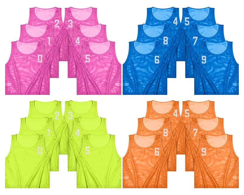 Boyiee 24-Pcs Nylon Pinnies with 40 Iron-On Numbers, Adult/Youth Soccer Scrimmage Vests – Fluorescent Green, Dark Blue, Orange, Pink