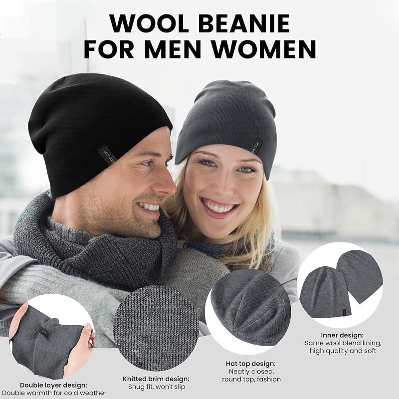Wool Blend Beanie 2-Pack - Lightweight Slouchy Knit Hats, Black/Graphite