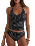Tankini Swimsuit for Women Halter Neck Tummy Control - Polka Dot Black - Medium