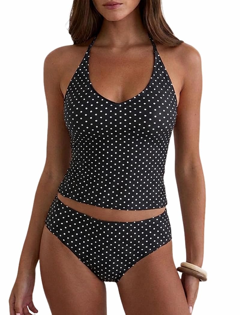 Tankini Swimsuit for Women Halter Neck Tummy Control - Polka Dot Black - Medium