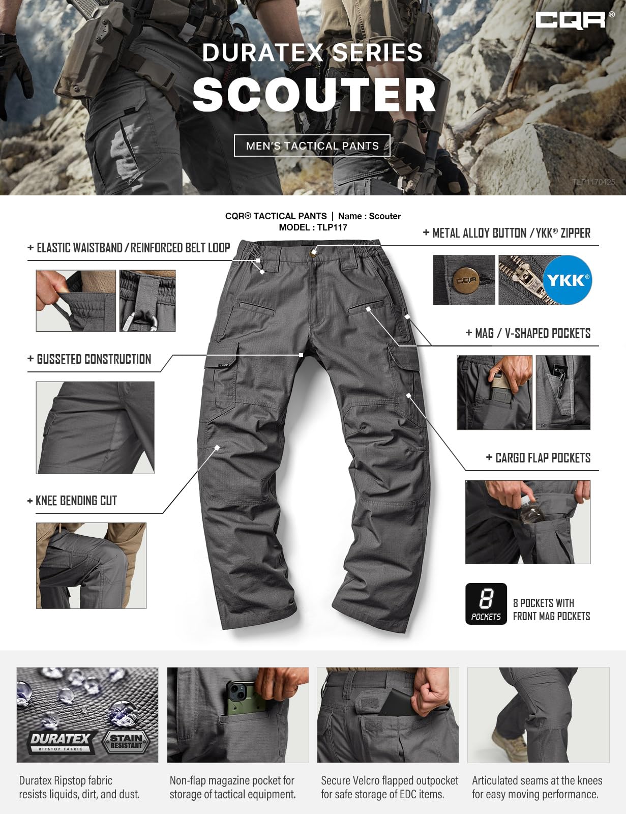 CQR Men's Tactical Pants, Water Resistant Ripstop Cargo Pants, Lightweight EDC Work Hiking Pants, Outdoor Apparel, Raider Charcoal, 44W x 32L