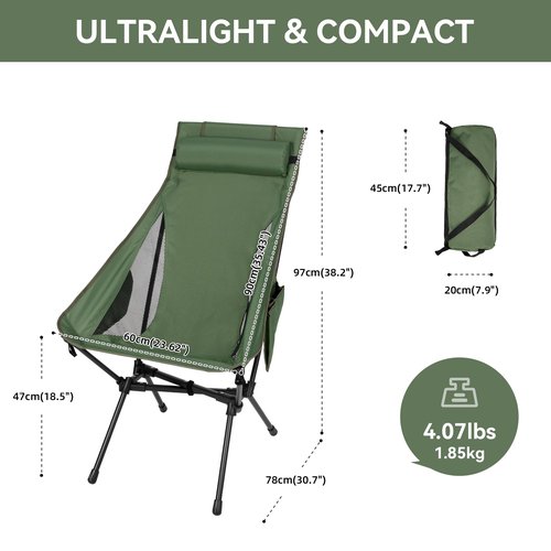 diwaite High Back Camping Chair, Supports 440 lbs, Portable Folding Backpacking Chair with Detachable Pillow for Camping, Hiking & Travel(Green)