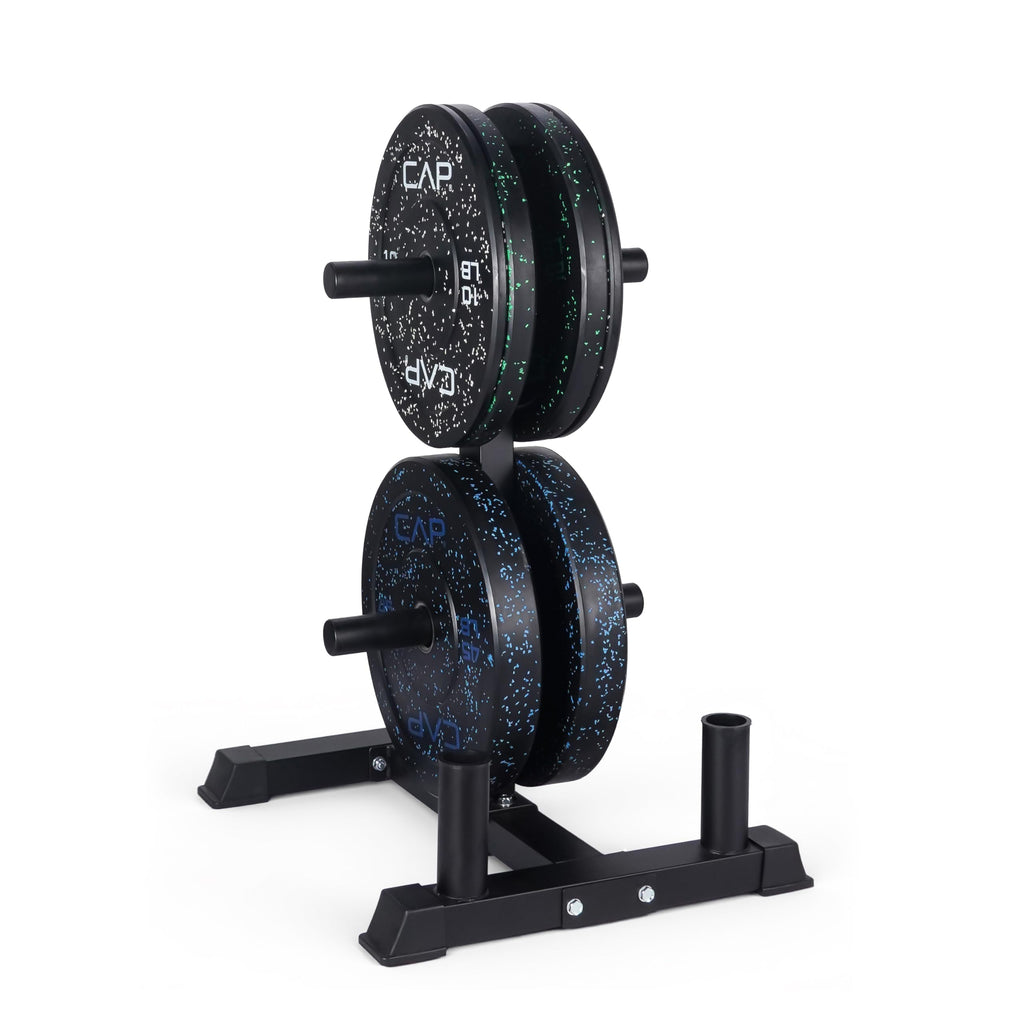CAP 160 lb Economy Speckled Olympic Bumper Plate Set with Compact Storage Rack, 2-Inch Olympic Plates, Medium Bounce Rubber Weight Plates with Steel Hub, 4 Weight Posts & 2 Barbell Holders for Weightlifting, Strength Training & Home Gym Workouts